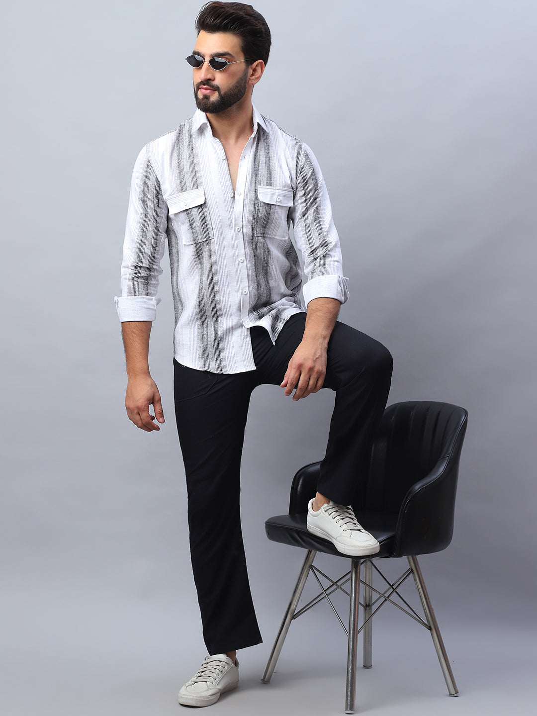 Striped Cotton Casual Shirt for Men - Grey